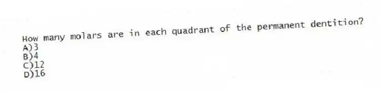 How many molars are in each quadrant of the permanent dentition?
A)3
B)4
C)12
D)16