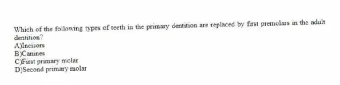 Which of the following types of teeth in the primary dentition are replaced by first premolars in the adult dentition?
A)Incisors
B)Canines
C)First primary molar
D)Second primary molar