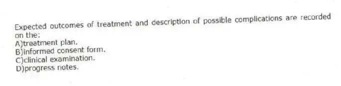 Expected outcomes of treatment and description of possible complications are recorded on the:
A)treatment plan.
B)informed consent form.
C)clinical examination.
D)progress notes.