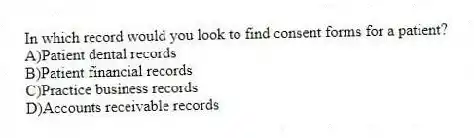 In which record would you look to find consent forms for a patient?
A)Patient dental records
B)Patient financial records
C)Practice business records
D)Accounts receivable records