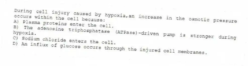During cell injury caused by hypoxia,an increase in the osmotic pressure occurs within the cell because:
A) Plasma proteins enter the cell.
B) The adenosine triphosphatase (ATPase)-driven pump is stronger during hypoxia.
C) Sodium chloride enters the cell.
D) An influx of glucose occurs through the injured cell membranes.