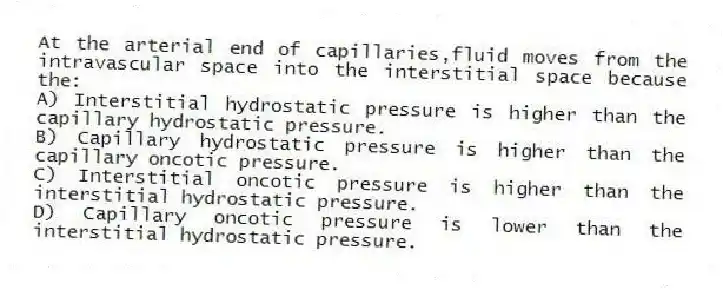 At the arterial end of capillaries,fluid moves from the intravascular space into the interstitial space because the:
A) Interstitial hydrostatic pressure is higher than the capillary hydrostatic pressure.
B) Capillary hydrostatic pressure is higher than the capillary oncotic pressure.
C) Interstitial oncotic pressure is higher than the interstitial hydrostatic pressure.
D) Capillary oncotic pressure is lower than the interstitial hydrostatic pressure.