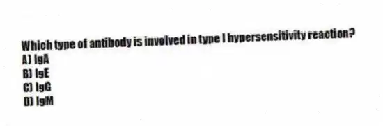 Which type of antibody is involved in type I hypersensitivity reaction?
A) IgA
B) IgE
C) IgG
D) IgM