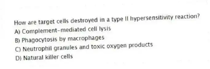 How are target cells destroyed in a type II hypersensitivity reaction?
A) Complement-mediated cell lysis
B) Phagocytosis by macrophages
C) Neutrophil granules and toxic oxygen products
D) Natural killer cells