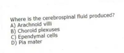 Where is the cerebrospinal fluid produced?
A) Arachnoid villi
B) Choroid plexuses
C) Ependymal cells
D) Pia mater