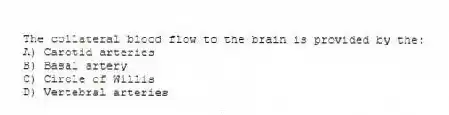 The collateral blood flow to the brain is provided by the:
A) Carotid arteries
B) Basal artery
C) Circle of Willis
D) Vertebral arteries