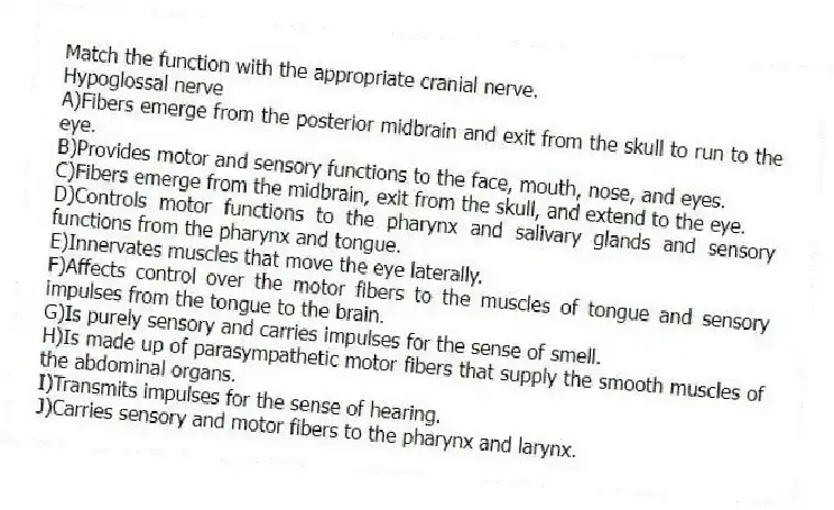 Match the function with the appropriate cranial nerve.
-Hypoglossal nerve
A)Fibers emerge from the posterior midbrain and exit from the skull to run to the eye.
B)Provides motor and sensory functions to the face, mouth, nose, and eyes.
C)Fibers emerge from the midbrain, exit from the skull, and extend to the eye.
D)Controls motor functions to the pharynx and salivary glands and sensory functions from the pharynx and tongue.
E)Innervates muscles that move the eye laterally.
F)Affects control over the motor fibers to the muscles of tongue and sensory impulses from the tongue to the brain.
G)Is purely sensory and carries impulses for the sense of smell.
H)Is made up of parasympathetic motor fibers that supply the smooth muscles of the abdominal organs.
I)Transmits impulses for the sense of hearing.
J)Carries sensory and motor fibers to the pharynx and larynx.