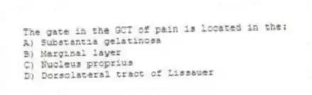 The gate in the GCT of pain is located in the:
A) Substantia gelatinosa
B) Marginal layer
C) Nucleus proprius
D) Dorsolateral tract of Lissauer