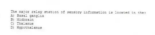 The major relay station of sensory information is located in the:
A) Basal ganglia
B) Midbrain
C) Thalamus
D) Hypothalamus