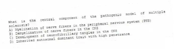 What is the central component of the pathogenic model of multiple sclerosis?
A) Myelination of nerve fibers in the peripheral nervous system (PNS)
B) Demyelination of nerve fibers in the CNS
C) Development of neurofibrillary tangles in the CNS
D) Inherited autosomal dominant trait with high penetrance