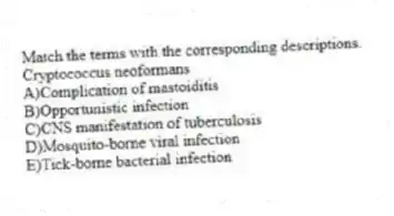 Match the terms with the corresponding descriptions.
-Cryptococcus neoformans
A)Complication of mastoiditis
B)Opportunistic infection
C)CNS manifestation of tuberculosis
D)Mosquito-borne viral infection
E)Tick-borne bacterial infection