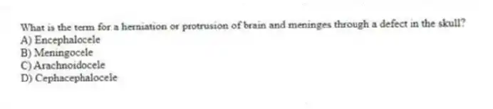 What is the term for a herniation or protrusion of brain and meninges through a defect in the skull?
A) Encephalocele
B) Meningocele
C) Arachnoidocele
D) Cephacephalocele