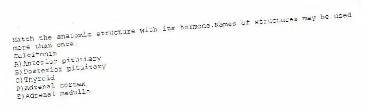 Match the anatomic structure with its hormone.Names of structures may be used more than once.
-Calcitonin
A)Anterior pituitary
B)Posterior pituitary
C)Thyroid
D)Adrenal cortex
E)Adrenal medulla
