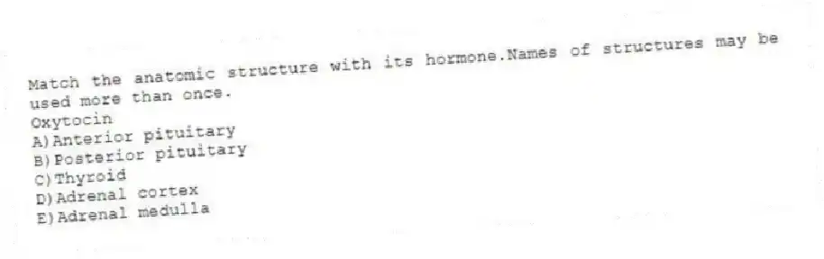 Match the anatomic structure with its hormone.Names of structures may be used more than once.
-Oxytocin
A)Anterior pituitary
B)Posterior pituitary
C)Thyroid
D)Adrenal cortex
E)Adrenal medulla