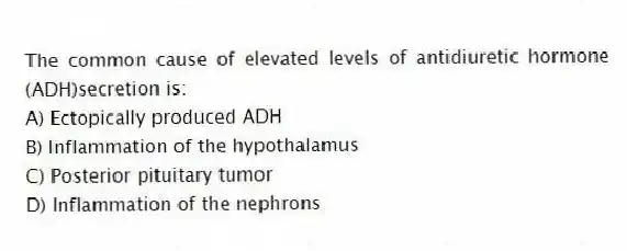 The common cause of elevated levels of antidiuretic hormone (ADH)secretion is:
A) Ectopically produced ADH
B) Inflammation of the hypothalamus
C) Posterior pituitary tumor
D) Inflammation of the nephrons