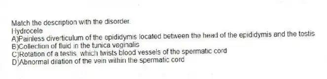 Match the description with the disorder.
-Hydrocele
A)Painless diverticulum of the epididymis located between the head of the epididymis and the testis
B)Collection of fluid in the tunica vaginalis
C)Rotation of a testis, which twists blood vessels of the spermatic cord
D)Abnormal dilation of the vein within the spermatic cord