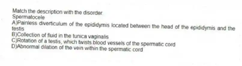 Match the description with the disorder.
-Spermatocele
A)Painless diverticulum of the epididymis located between the head of the epididymis and the testis
B)Collection of fluid in the tunica vaginalis
C)Rotation of a testis, which twists blood vessels of the spermatic cord
D)Abnormal dilation of the vein within the spermatic cord