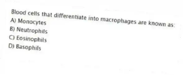 Blood cells that differentiate into macrophages are known as:
A) Monocytes
B) Neutrophils
C) Eosinophils
D) Basophils