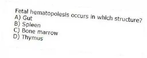 Fetal hematopoiesis occurs in which structure?
A) Gut
B) Spleen
C) Bone marrow
D) Thymus