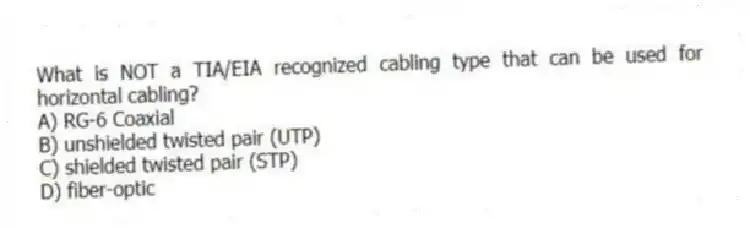 What is NOT a TIA/EIA recognized cabling type that can be used for horizontal cabling?
A) RG-6 Coaxial
B) unshielded twisted pair (UTP)
C) shielded twisted pair (STP)
D) fiber-optic