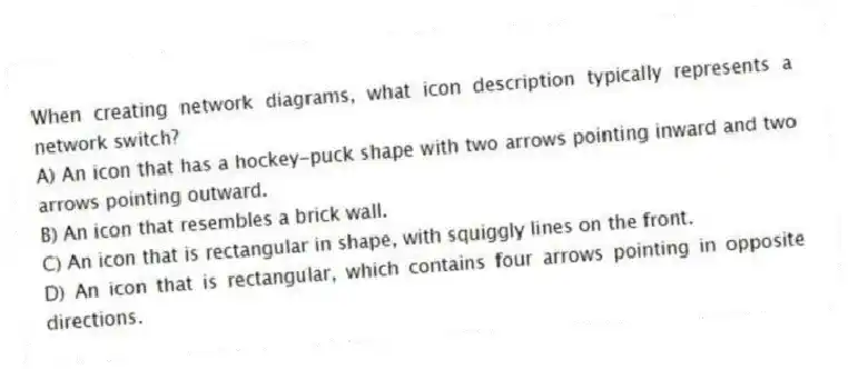 When creating network diagrams, what icon description typically represents a network switch?
A) An icon that has a hockey-puck shape with two arrows pointing inward and two arrows pointing outward.
B) An icon that resembles a brick wall.
C) An icon that is rectangular in shape, with squiggly lines on the front.
D) An icon that is rectangular, which contains four arrows pointing in opposite directions.
