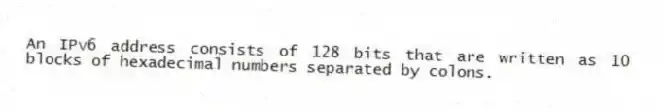 An IPv6 address consists of 128 bits that are written as 10 blocks of hexadecimal numbers separated by colons.