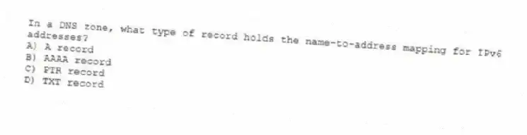 In a DNS zone, what type of record holds the name-to-address mapping for IPv6 addresses?
A) A record
B) AAAA record
C) PTR record
D) TXT record