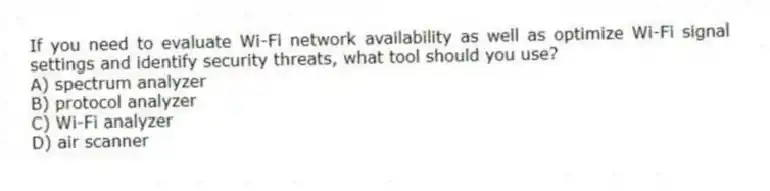 If you need to evaluate Wi-Fi network availability as well as optimize Wi-Fi signal settings and identify security threats, what tool should you use?
A) spectrum analyzer
B) protocol analyzer
C) Wi-Fi analyzer
D) air scanner