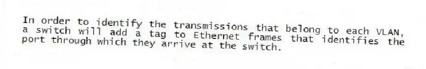 In order to identify the transmissions that belong to each VLAN, a switch will add a tag to Ethernet frames that identifies the port through which they arrive at the switch.