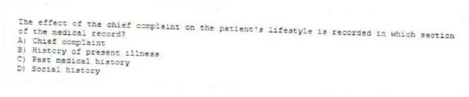 The effect of the chief complaint on the patient's lifestyle is recorded in which section of the medical record?
A) Chief complaint
B) History of present illness
C) Past medical history
D) Social history