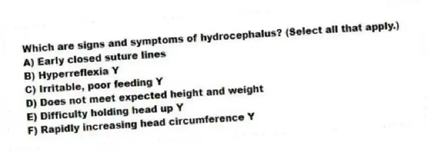 Which are signs and symptoms of hydrocephalus? (Select all that apply.)
A) Early closed suture lines
B) Hyperreflexia Y
C) Irritable, poor feeding Y
D) Does not meet expected height and weight
E) Difficulty holding head up Y
F) Rapidly increasing head circumference Y