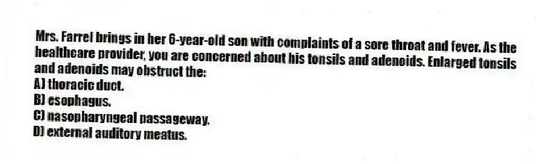 Mrs. Farrel brings in her 6-year-old son with complaints of a sore throat and fever. As the healthcare provider, you are concerned about his tonsils and adenoids. Enlarged tonsils and adenoids may obstruct the:
A) thoracic duct.
B) esophagus.
C) nasopharyngeal passageway.
D) external auditory meatus.