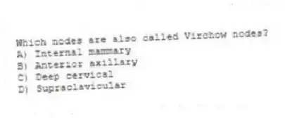 Which nodes are also called Virchow nodes?
A) Internal mammary
B) Anterior axillary
C) Deep cervical
D) Supraclavicular