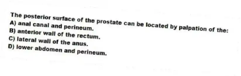 The posterior surface of the prostate can be located by palpation of the:
A) anal canal and perineum.
B) anterior wall of the rectum.
C) lateral wall of the anus.
D) lower abdomen and perineum.