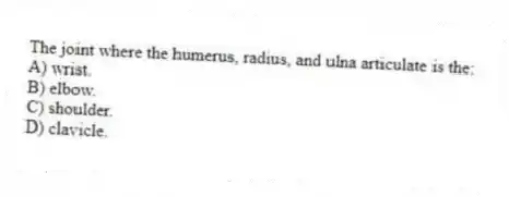 The joint where the humerus, radius, and ulna articulate is the:
A) wrist.
B) elbow.
C) shoulder.
D) clavicle.