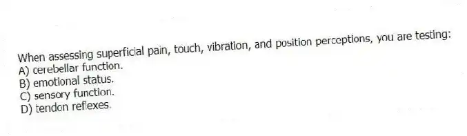 When assessing superficial pain, touch, vibration, and position perceptions, you are testing:
A) cerebellar function.
B) emotional status.
C) sensory function.
D) tendon reflexes.