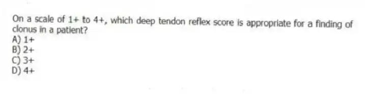 On a scale of 1+ to 4+, which deep tendon reflex score is appropriate for a finding of clonus in a patient?
A) 1+
B) 2+
C) 3+
D) 4+