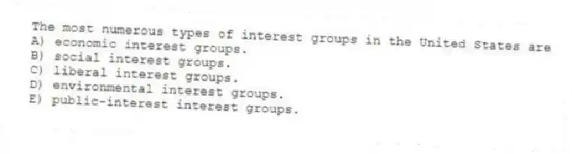 The most numerous types of interest groups in the United States are
A) economic interest groups.
B) social interest groups.
C) liberal interest groups.
D) environmental interest groups.
E) public-interest interest groups.
