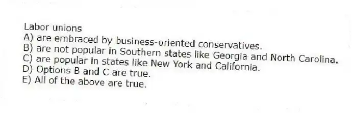 Labor unions
A) are embraced by business-oriented conservatives.
B) are not popular in Southern states like Georgia and North Carolina.
C) are popular in states like New York and California.
D) Options B and C are true.
E) All of the above are true.