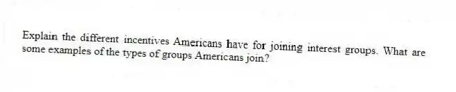 Explain the different incentives Americans have for joining interest groups. What are some examples of the types of groups Americans join?