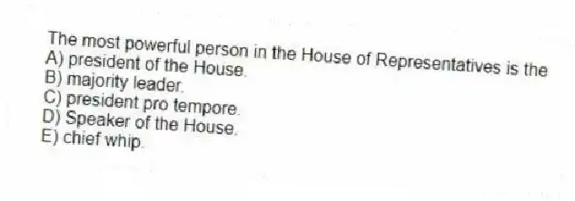 The most powerful person in the House of Representatives is the
A) president of the House.
B) majority leader.
C) president pro tempore.
D) Speaker of the House.
E) chief whip.