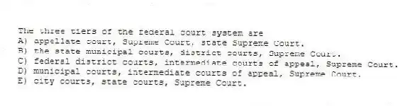 The three tiers of the federal court system are
A) appellate court, Supreme Court, state Supreme Court.
B) the state municipal courts, district courts, Supreme Court.
C) federal district courts, intermediate courts of appeal, Supreme Court.
D) municipal courts, intermediate courts of appeal, Supreme Court.
E) city courts, state courts, Supreme Court.
