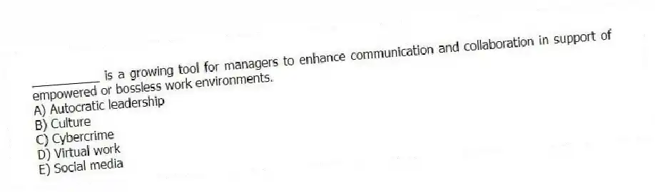 __________ is a growing tool for managers to enhance communication and collaboration in support of empowered or bossless work environments.
A) Autocratic leadership
B) Culture
C) Cybercrime
D) Virtual work
E) Social media