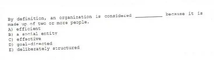 By definition, an organization is considered __________ because it is made up of two or more people.
A) efficient
B) a social entity
C) effective
D) goal-directed
E) deliberately structured