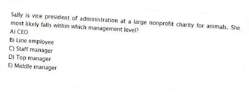 Sally is vice president of administration at a large nonprofit charity for animals. She most likely falls within which management level?
A) CEO
B) Line employee
C) Staff manager
D) Top manager
E) Middle manager