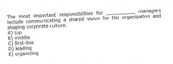 The most important responsibilities for __________ managers include communicating a shared vision for the organization and shaping corporate culture.
A) top
B) middle
C) first-line
D) leading
E) organizing