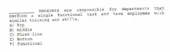 __________ managers are responsible for departments that perform a single functional task and have employees with similar training and skills.
A) Top
B) Middle
C) First-line
D) Bottom
E) Functional