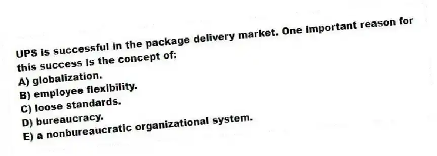 UPS is successful in the package delivery market. One important reason for this success is the concept of:
A) globalization.
B) employee flexibility.
C) loose standards.
D) bureaucracy.
E) a nonbureaucratic organizational system.