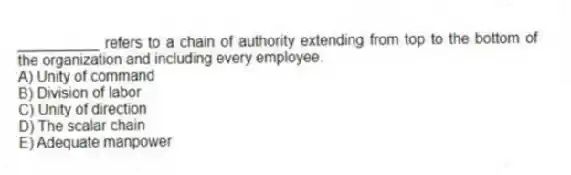 __________ refers to a chain of authority extending from top to the bottom of the organization and including every employee.
A) Unity of command
B) Division of labor
C) Unity of direction
D) The scalar chain
E) Adequate manpower