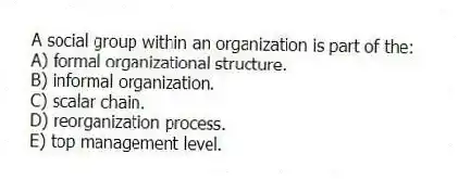 A social group within an organization is part of the:
A) formal organizational structure.
B) informal organization.
C) scalar chain.
D) reorganization process.
E) top management level.